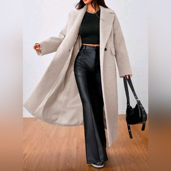 New Oversized Double Breasted Long Coat Jacket Cream Beige Tan - Picture 5 of 9